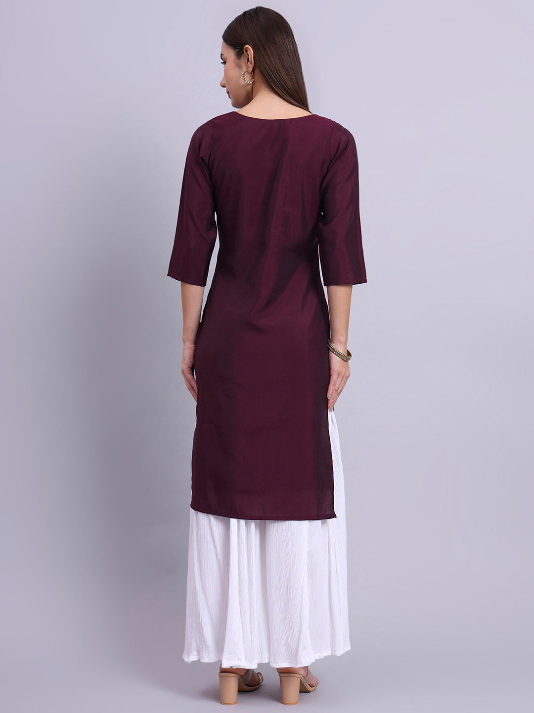 Wine Round-Neck Embroidered Straight Kurta