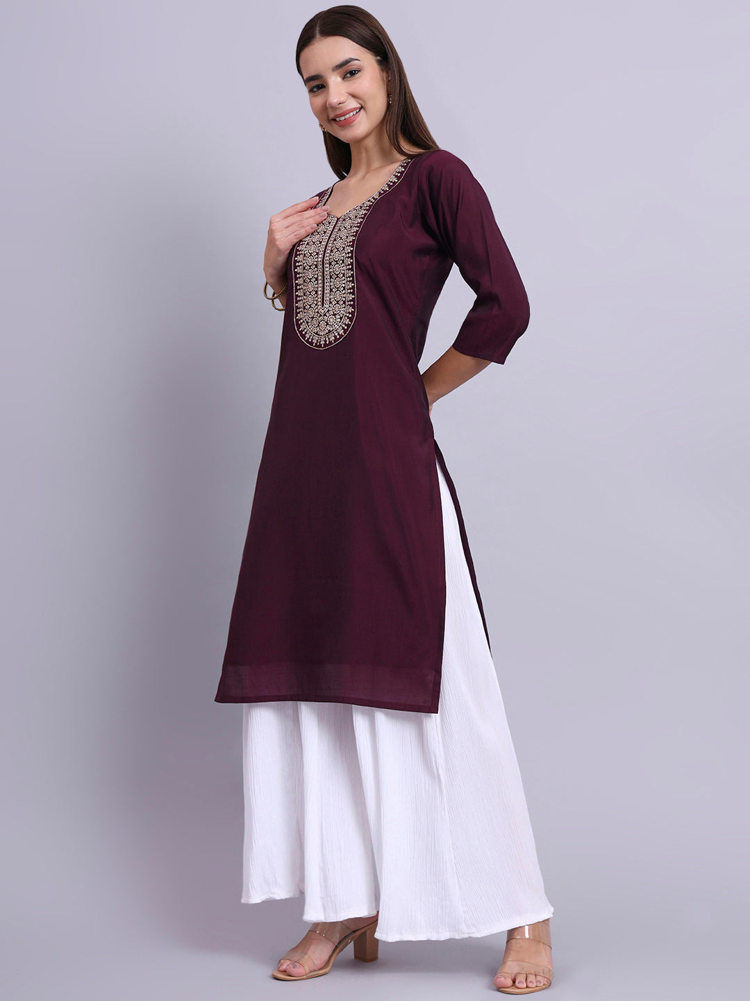 Wine Round-Neck Embroidered Straight Kurta