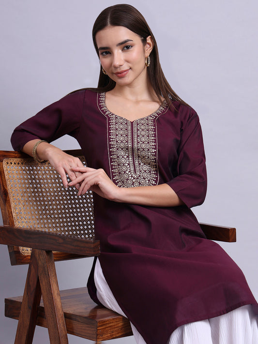 Wine Round-Neck Embroidered Straight Kurta
