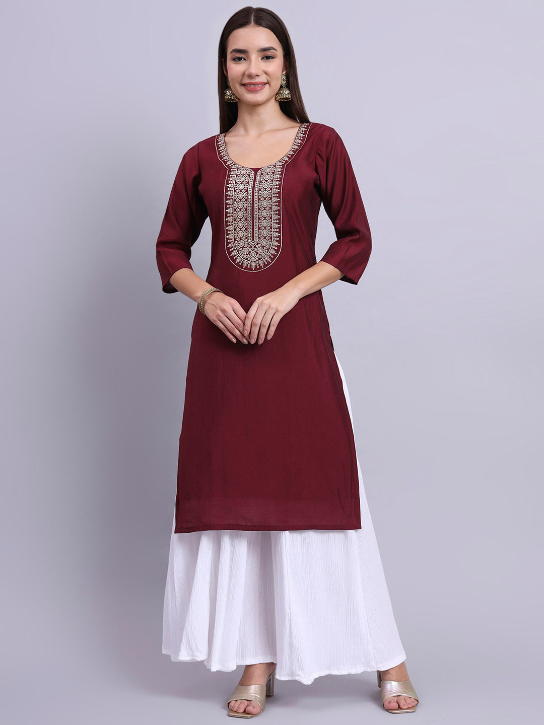 Maroon Round-Neck Embroidered Straight Kurta