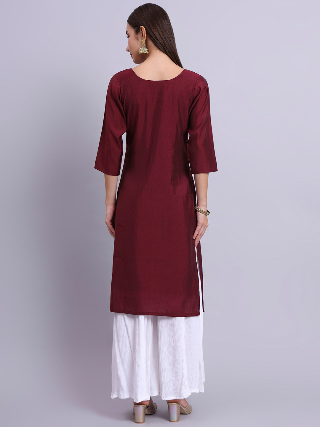 Maroon Round-Neck Embroidered Straight Kurta