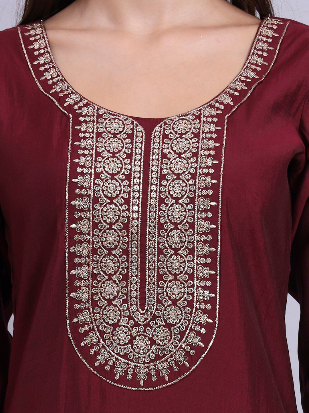 Maroon Round-Neck Embroidered Straight Kurta