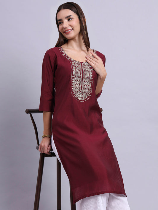 Maroon Round-Neck Embroidered Straight Kurta