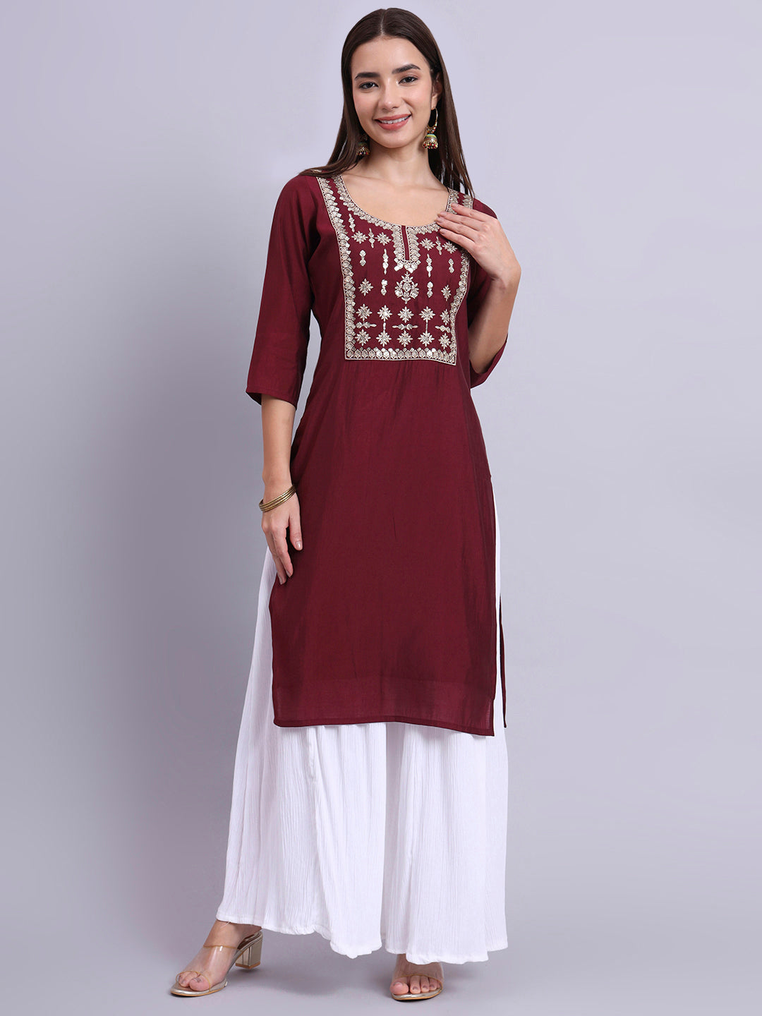 Maroon Embroidered Straight Kurta