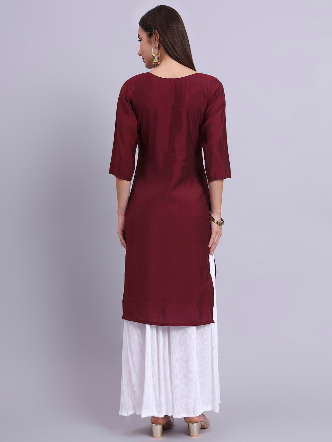 Maroon Embroidered Straight Kurta