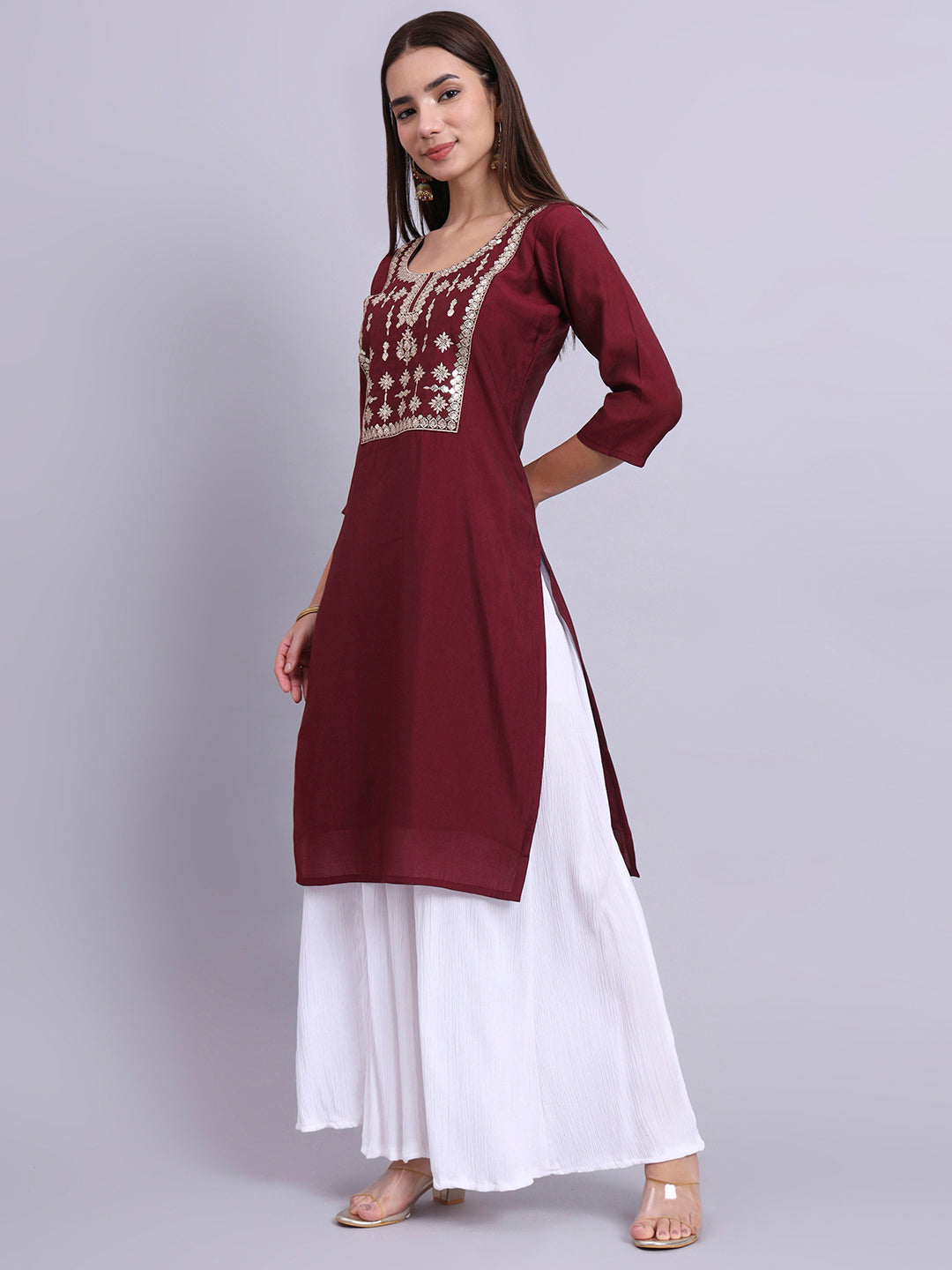 Maroon Embroidered Straight Kurta