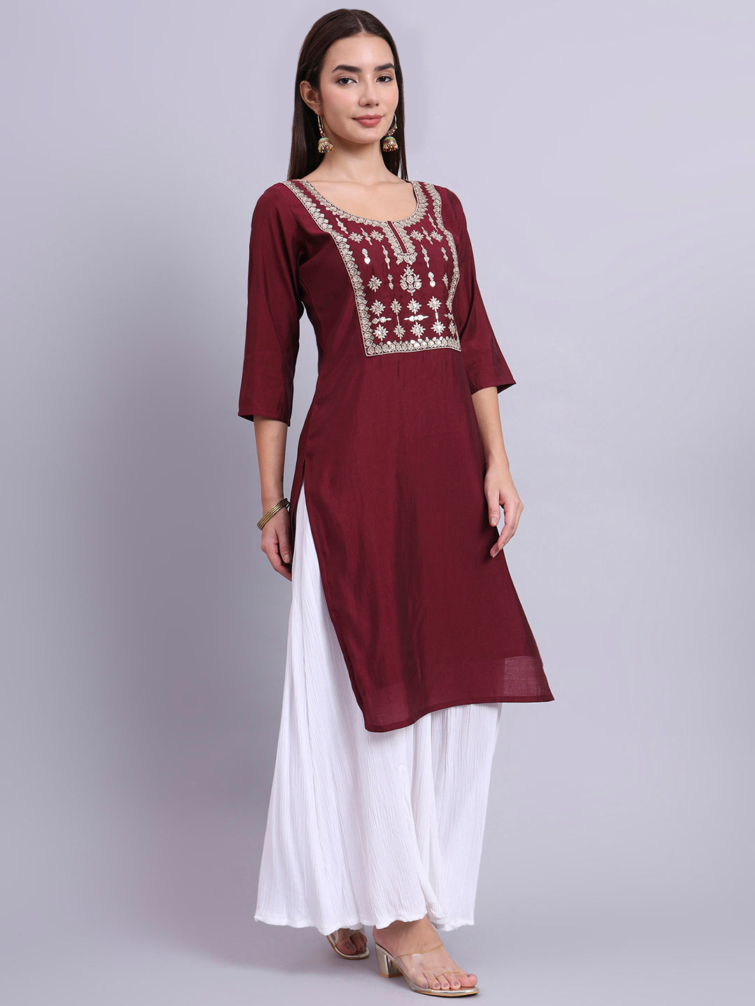 Maroon Embroidered Straight Kurta