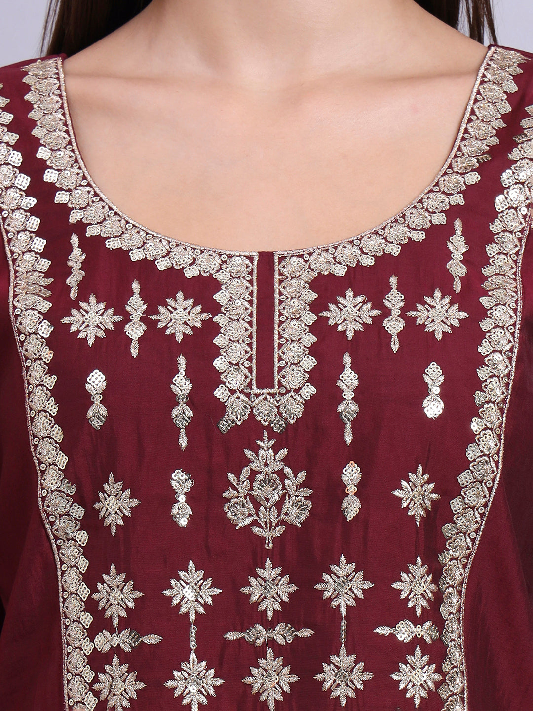 Maroon Embroidered Straight Kurta
