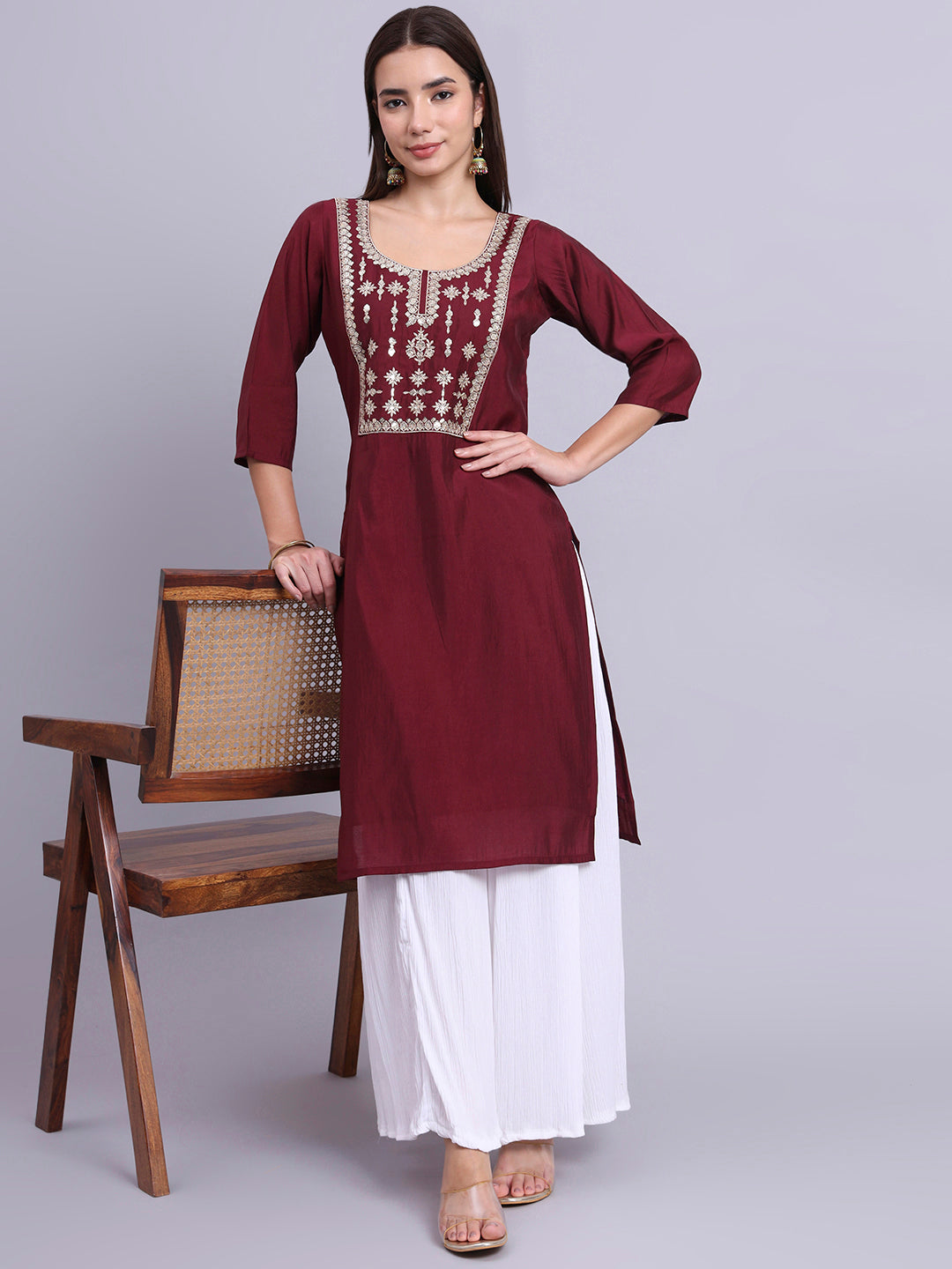 Maroon Embroidered Straight Kurta