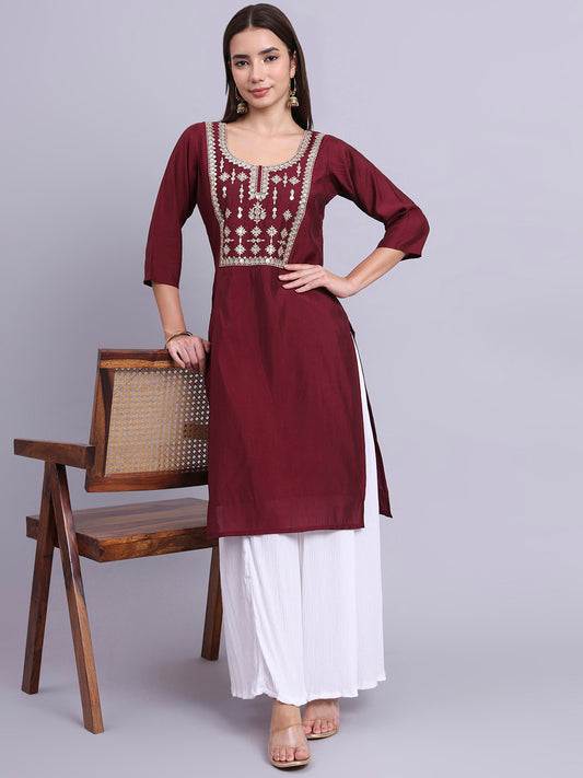 Maroon Embroidered Straight Kurta