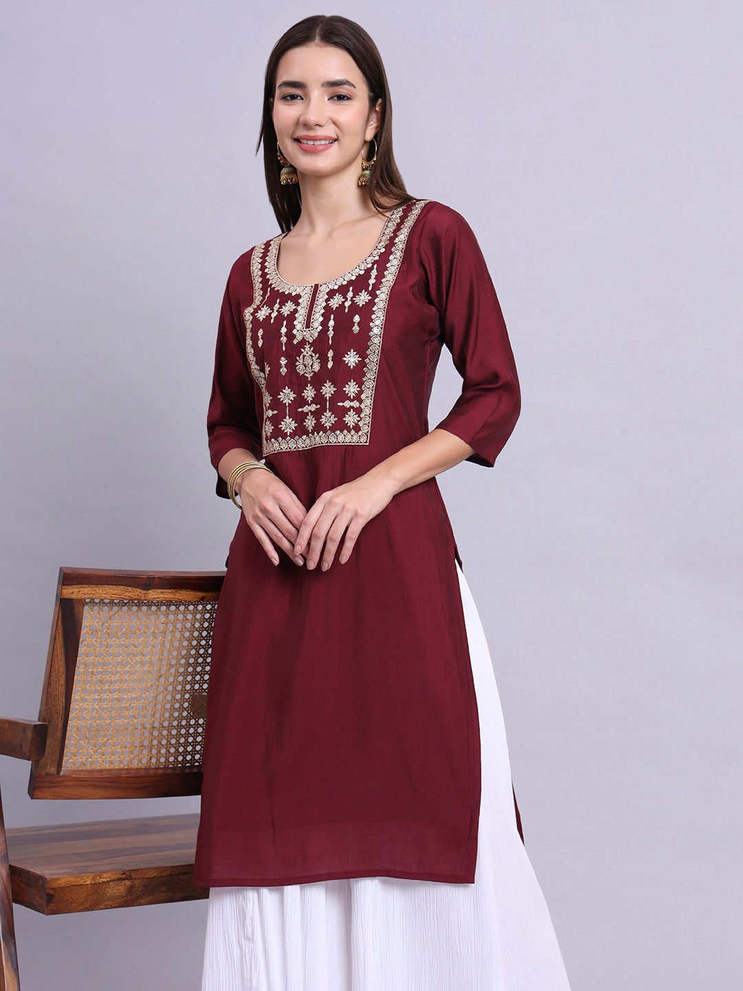 Maroon Embroidered Straight Kurta