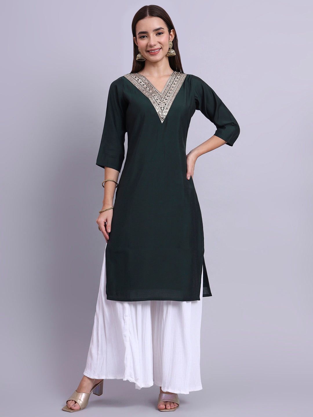 Bottle Green Embroidered Straight Kurta