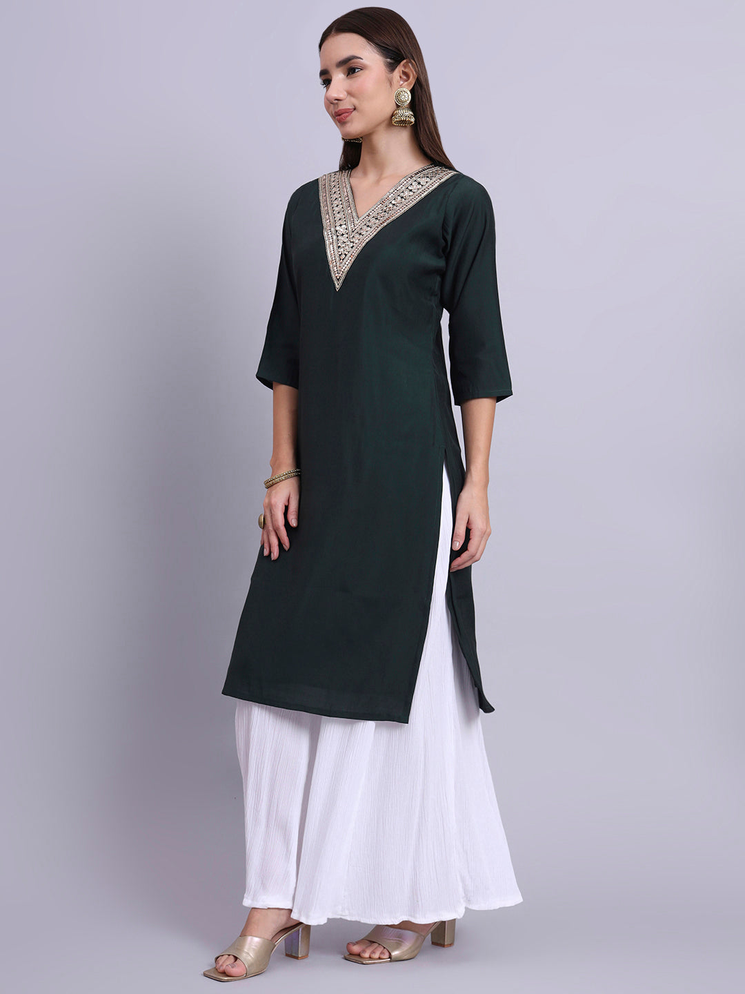 Bottle Green Embroidered Kurta for Women V-Neck Kurta