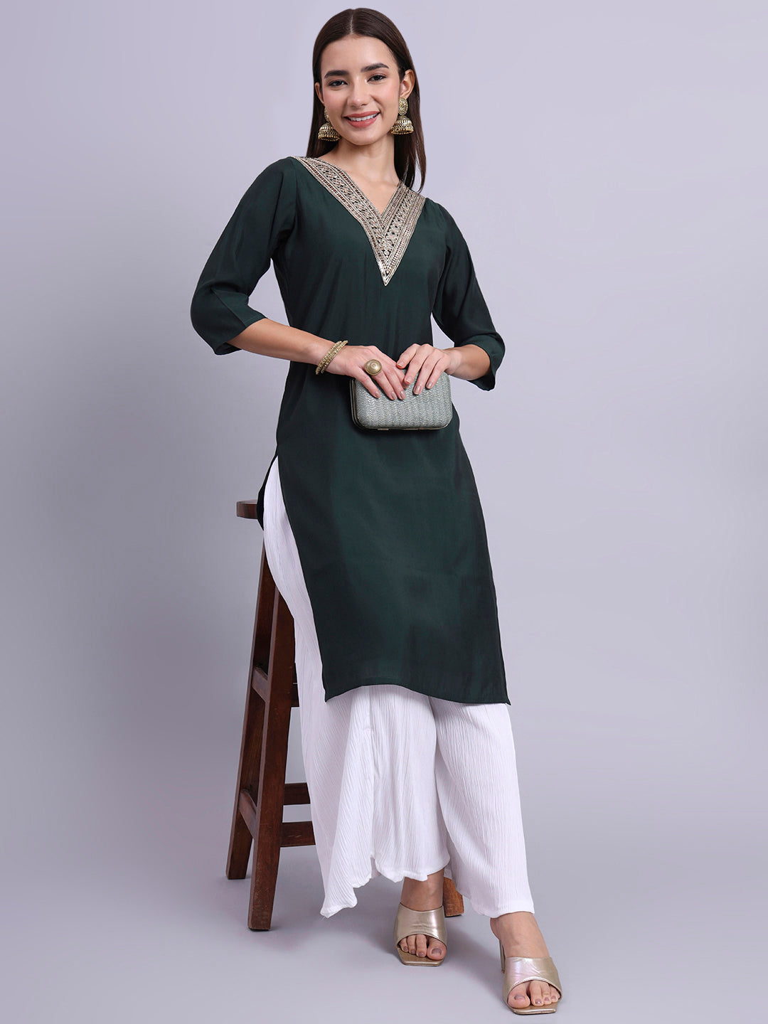 Bottle Green Embroidered Straight Kurta