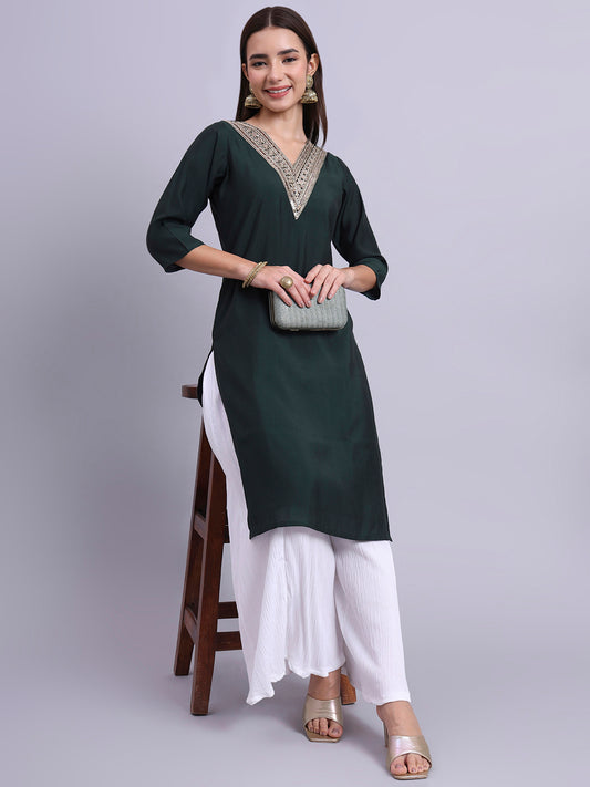 Bottle Green Embroidered Straight Kurta