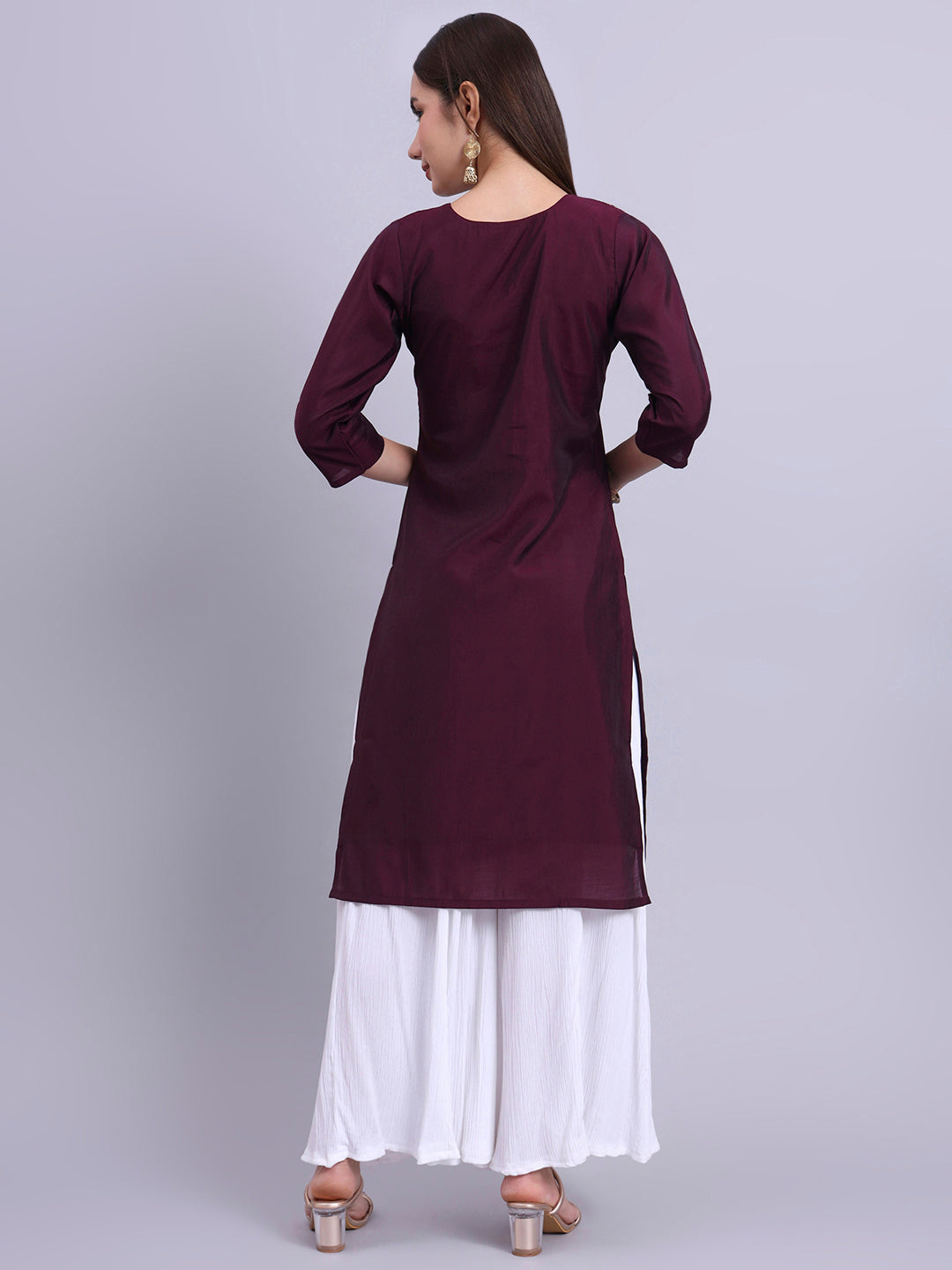 Wine Embroidered Kurta for Women V-Neck Kurta