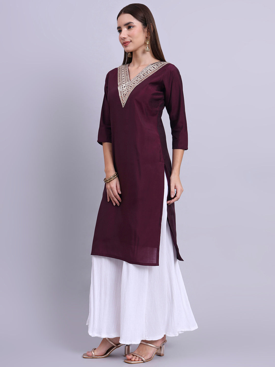 Wine Embroidered Kurta for Women V-Neck Kurta