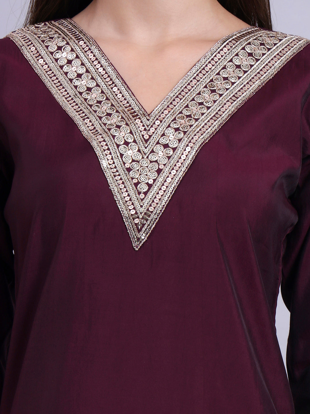 Wine Embroidered Kurta for Women V-Neck Kurta