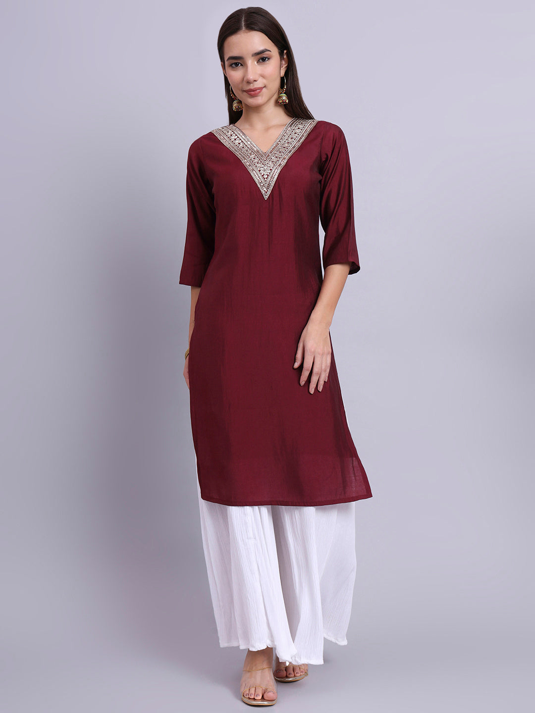 Maroon Embroidered V-Neck Straight Kurta
