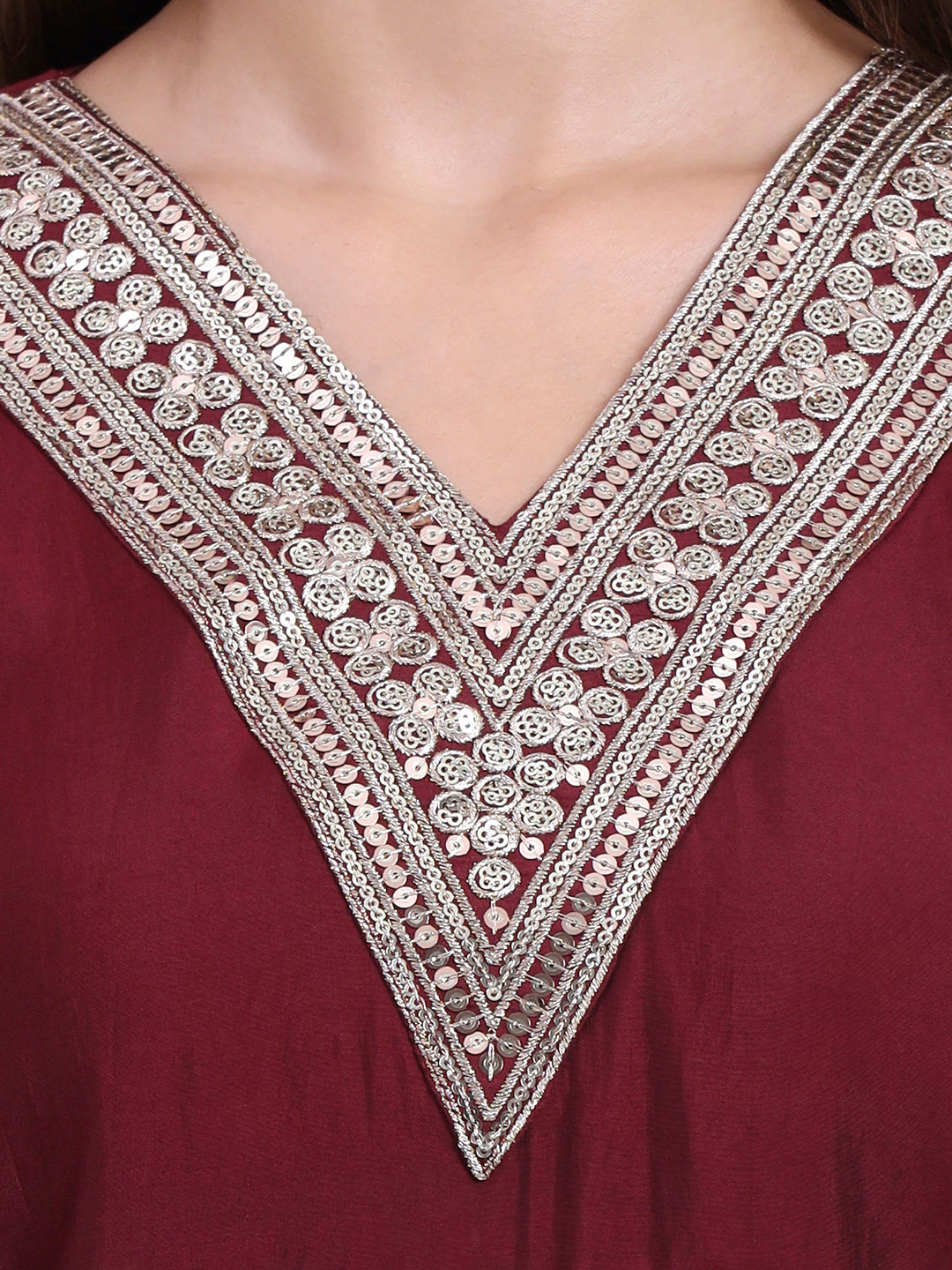 Maroon Embroidered V-Neck Straight Kurta