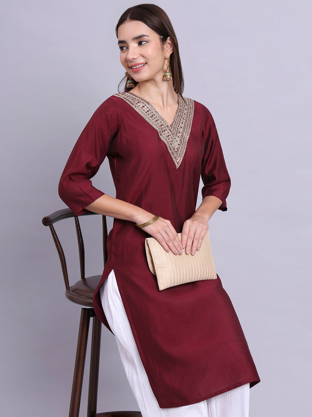 Bottle Green Embroidered Straight Kurta