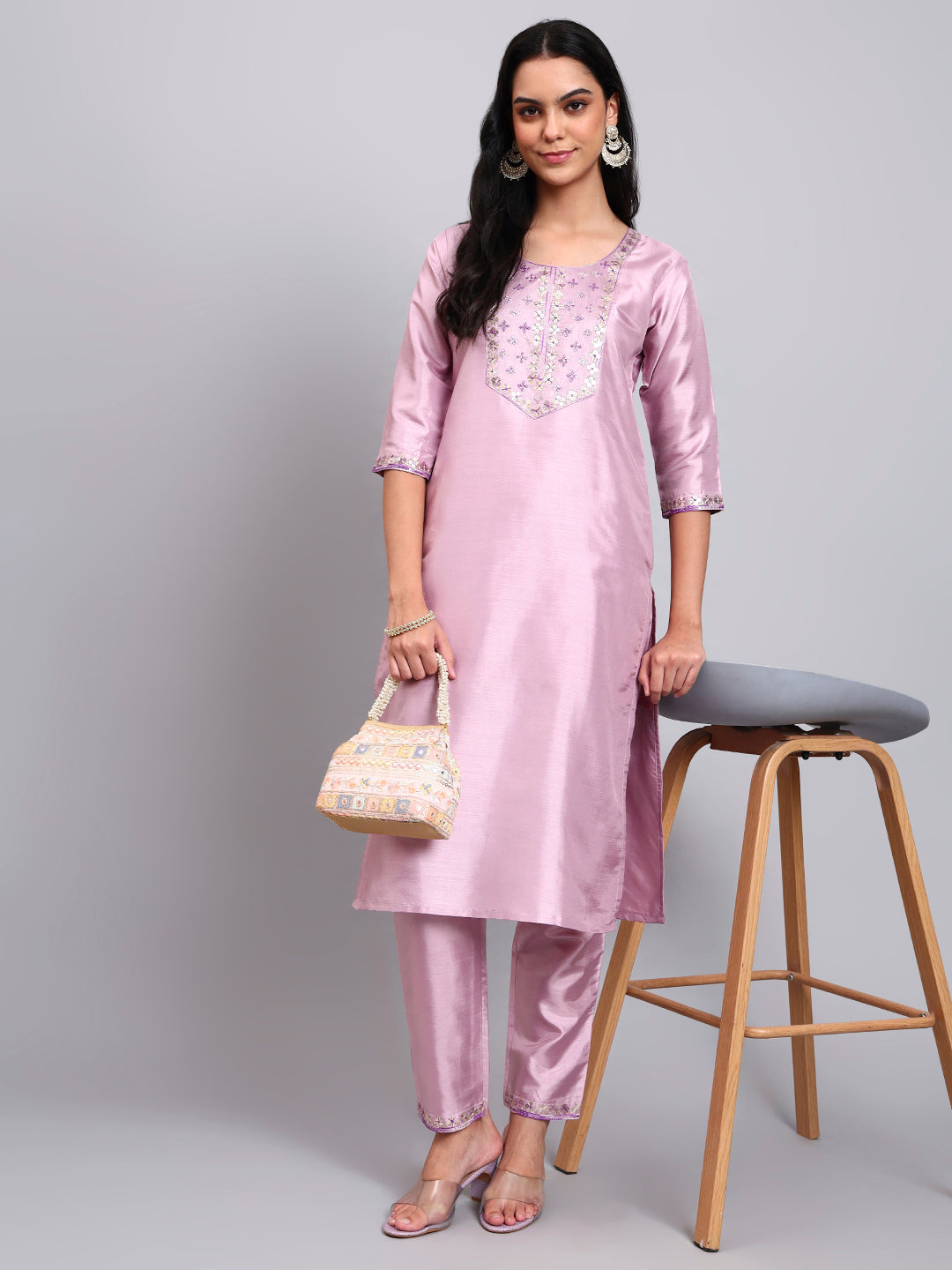 Light Pink Embroidered Straight Kurta set
