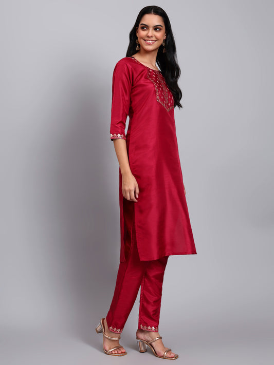 Maroon Embroidered Straight Kurta set
