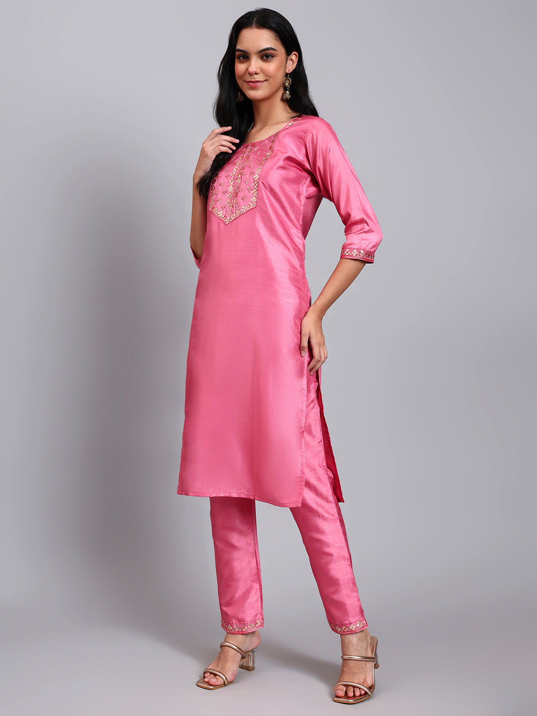 Pink Silk Embroidered Straight Kurta set