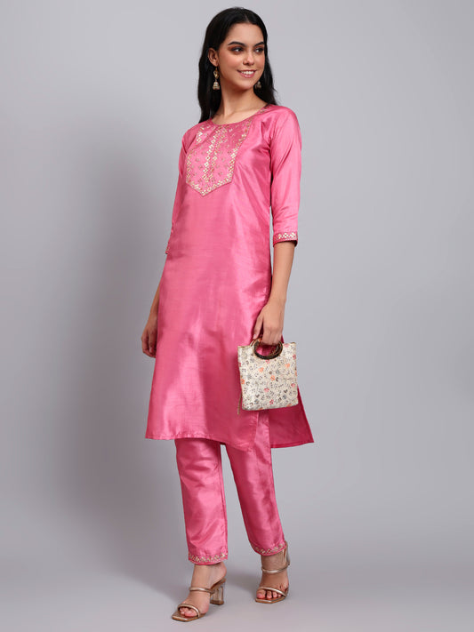 Pink Silk Embroidered Straight Kurta set