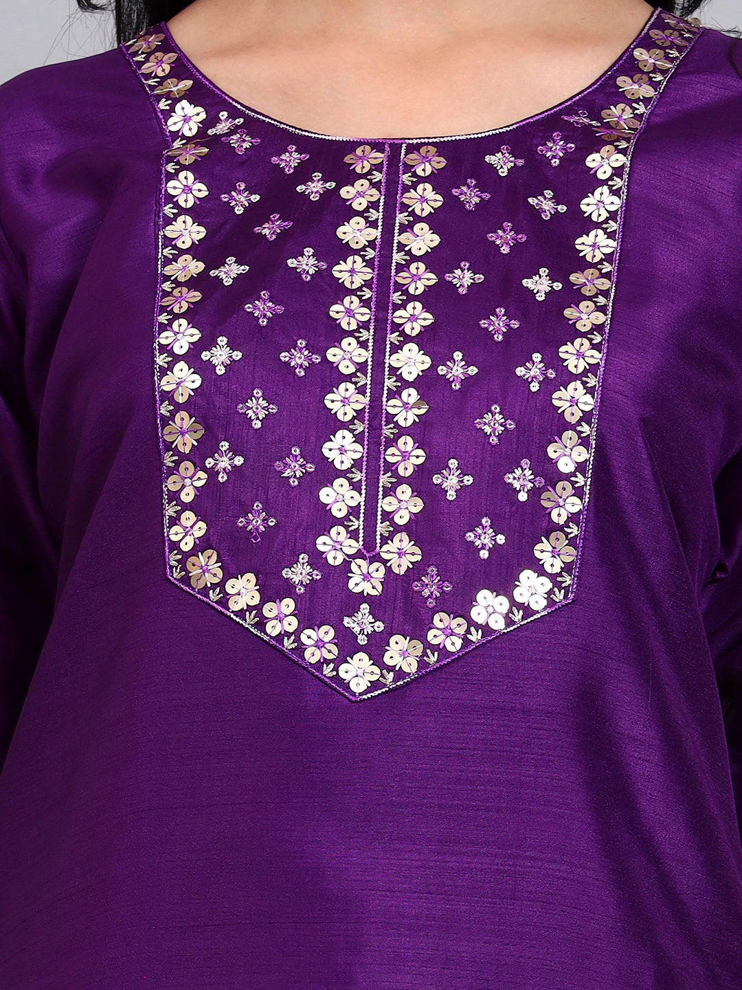 Purple Silk Embroidered Straight Kurta set