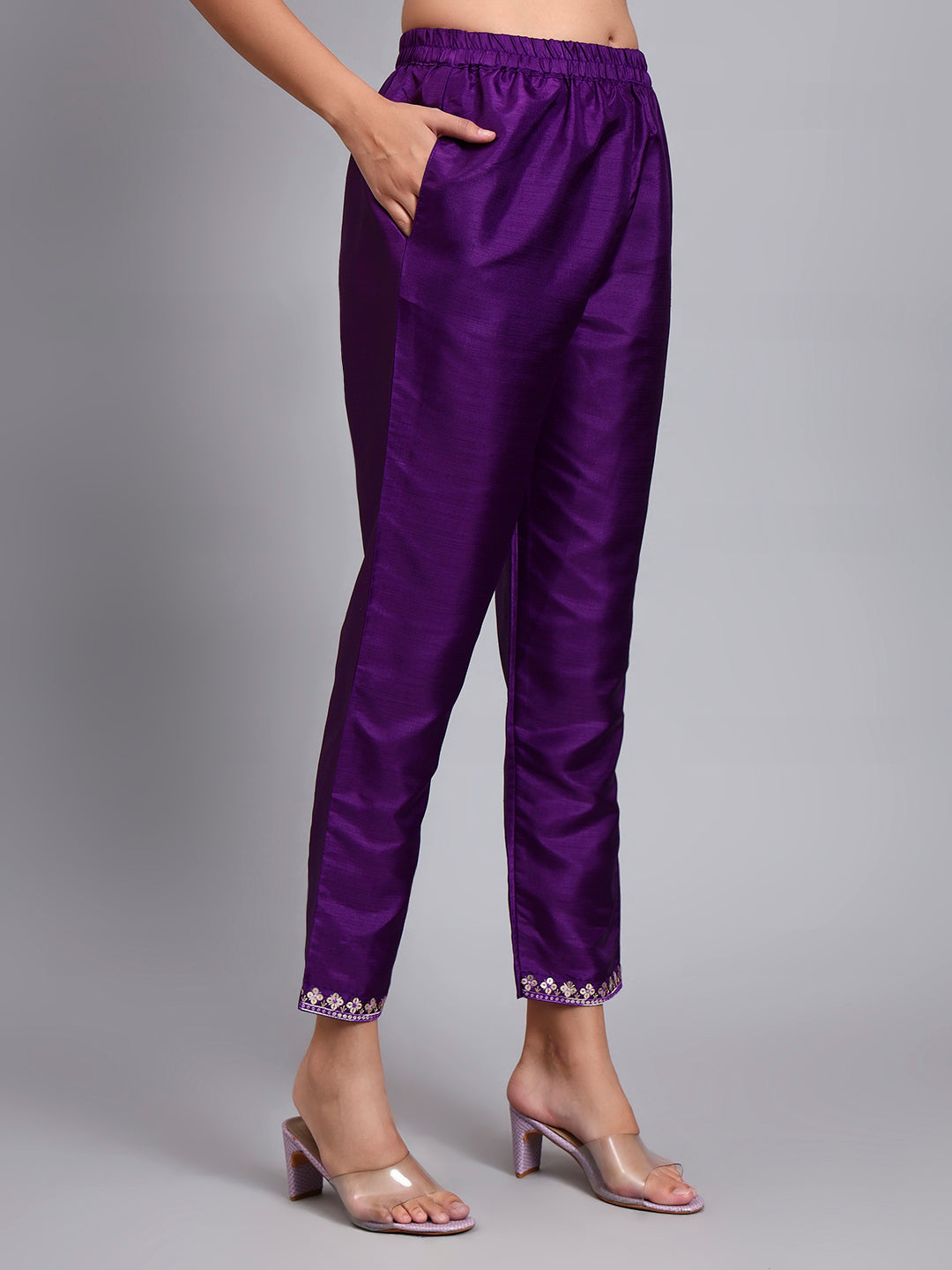 Purple Silk Embroidered Straight Kurta set
