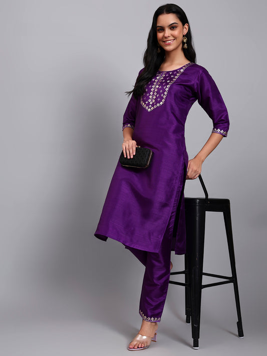 Purple Silk Embroidered Straight Kurta set