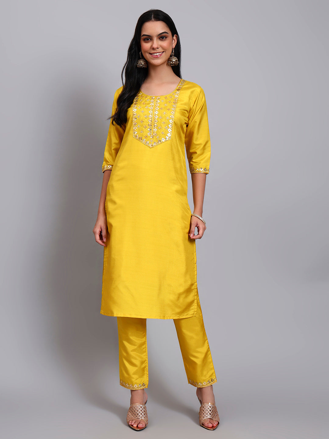 Yellow Silk Embroidered Straight Kurta set