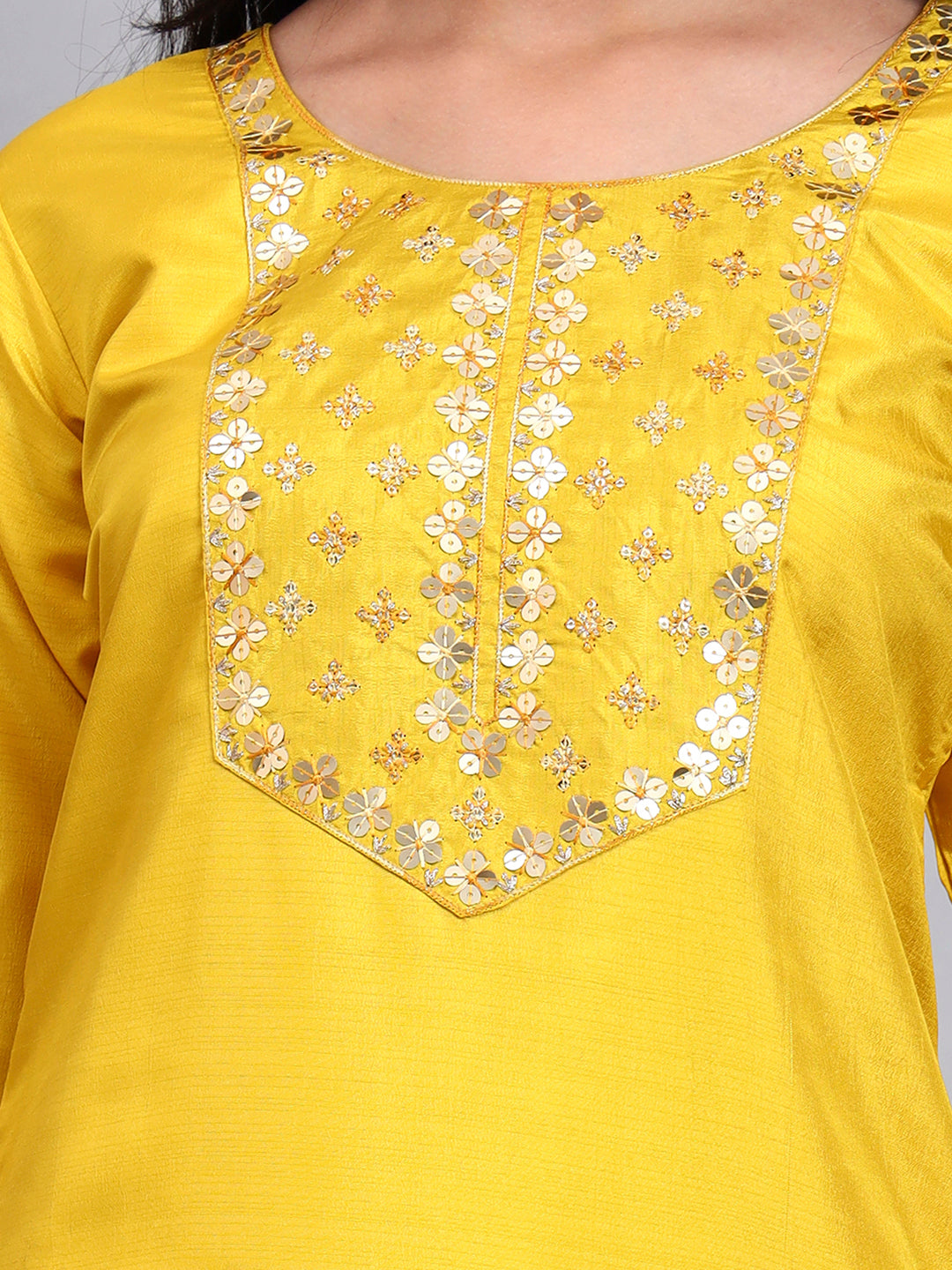 Yellow Silk Embroidered Straight Kurta set