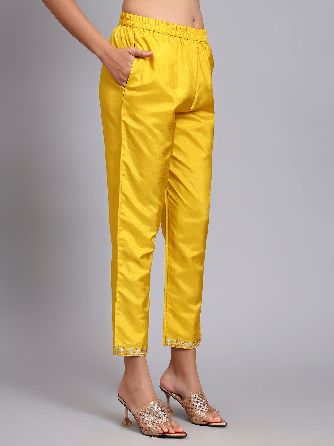 Yellow Silk Embroidered Straight Kurta set