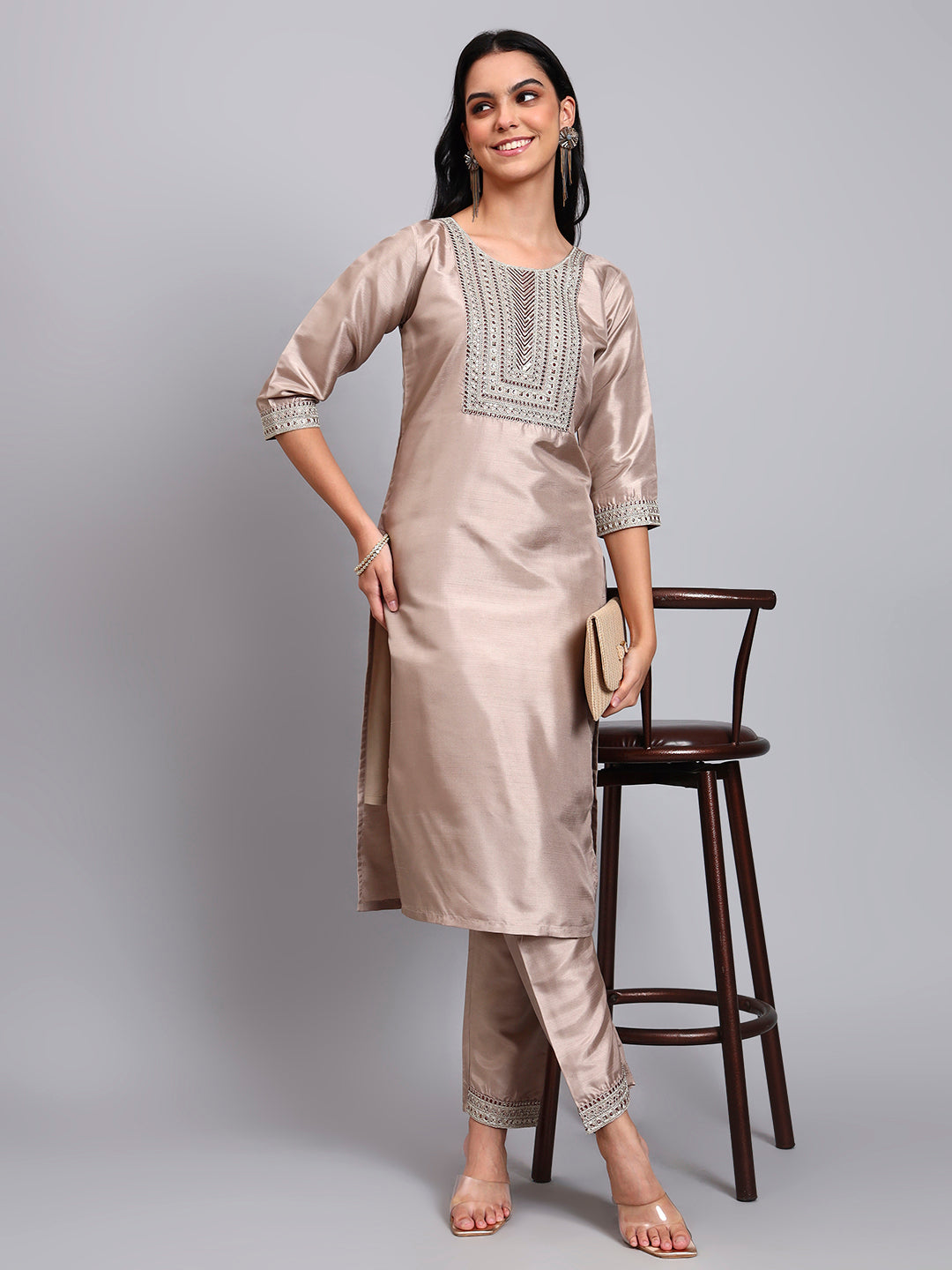 Biscuit Embroidered Kurta Set