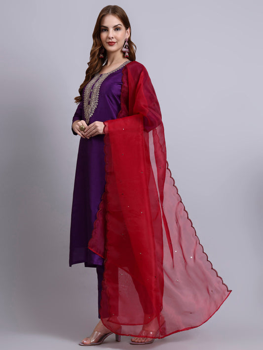 Purple Embroidered Kurti Set with Dupatta