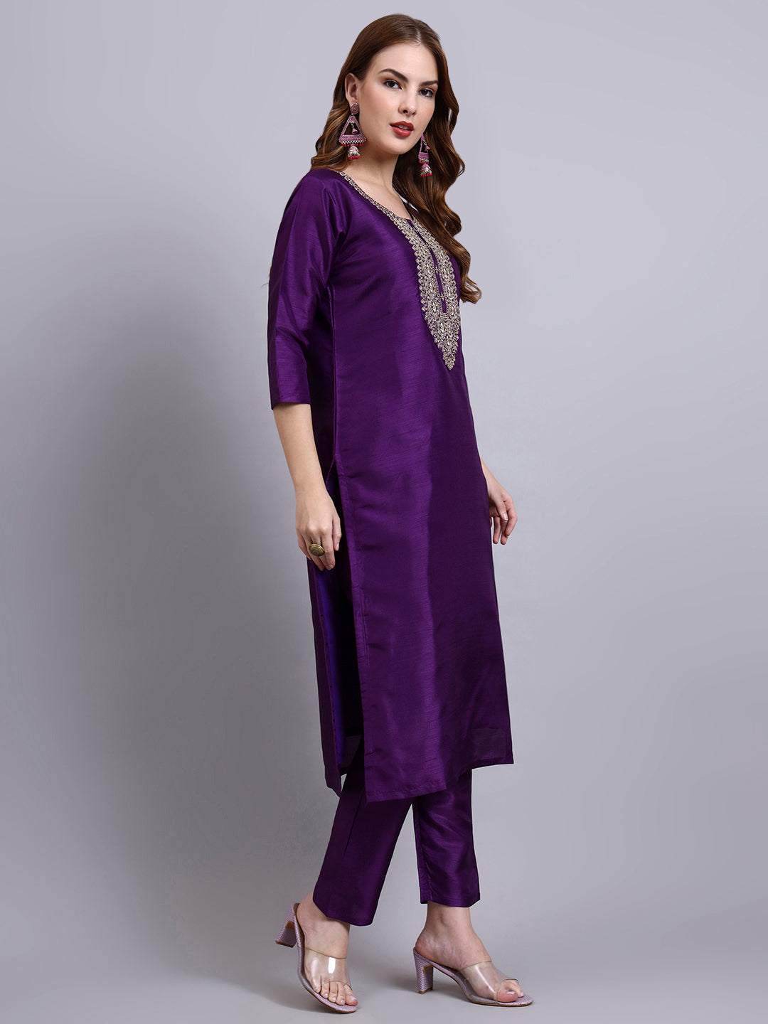 Purple Embroidered Kurti Set with Dupatta