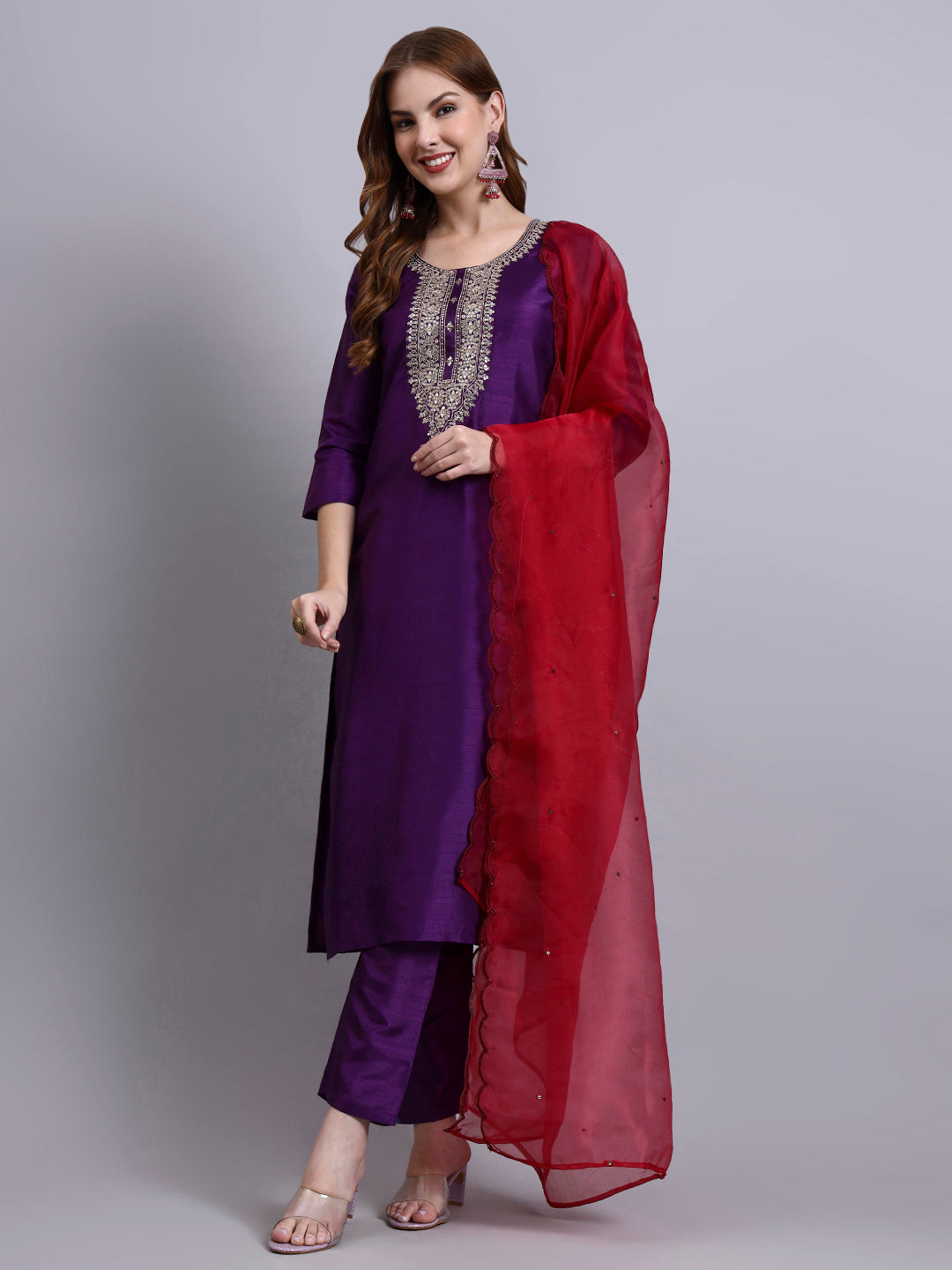 Purple Embroidered Kurti Set with Dupatta