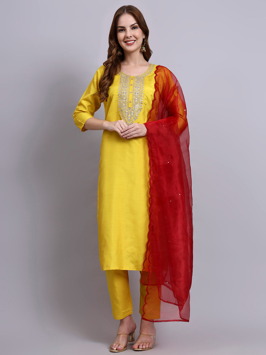 Yellow Embroidered Kurti Set with Dupatta