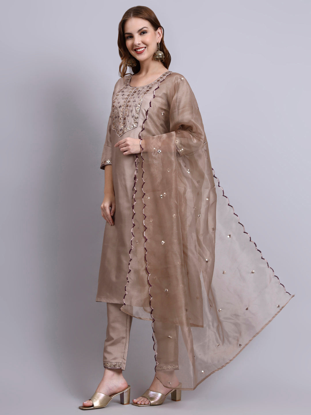 Embroidered Silk Kurti Set with Organza Dupatta
