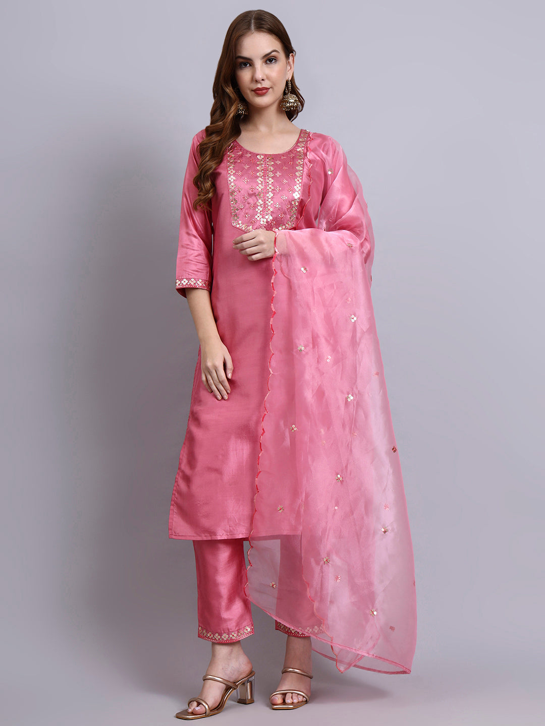Pink Embroidered Silk Kurti Set with Organza Dupatta