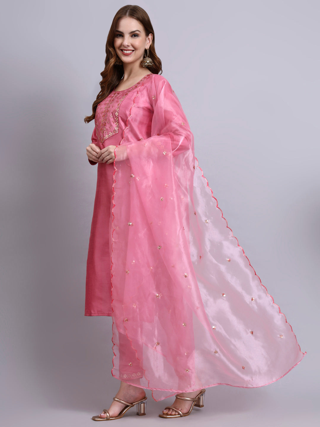 Embroidered Silk Kurti Set with Organza Dupatta