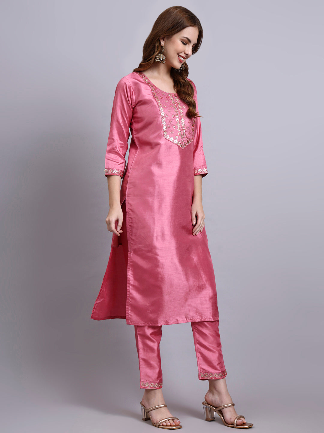 Pink Embroidered Silk Kurti Set with Organza Dupatta