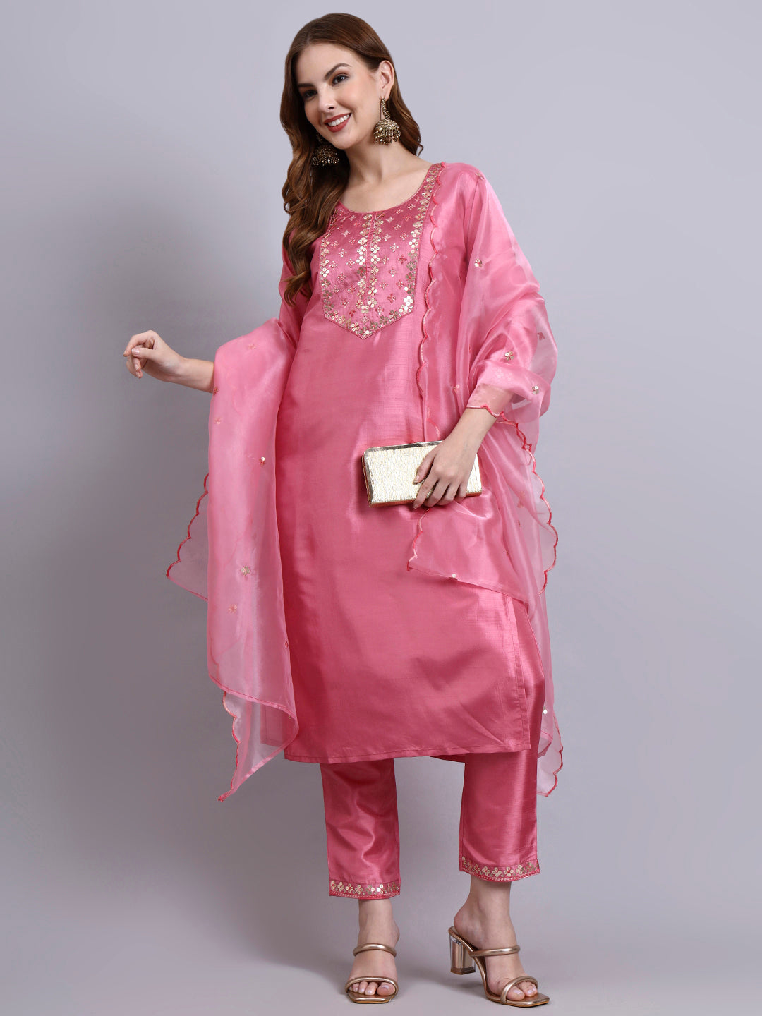 Pink Embroidered Silk Kurti Set with Organza Dupatta
