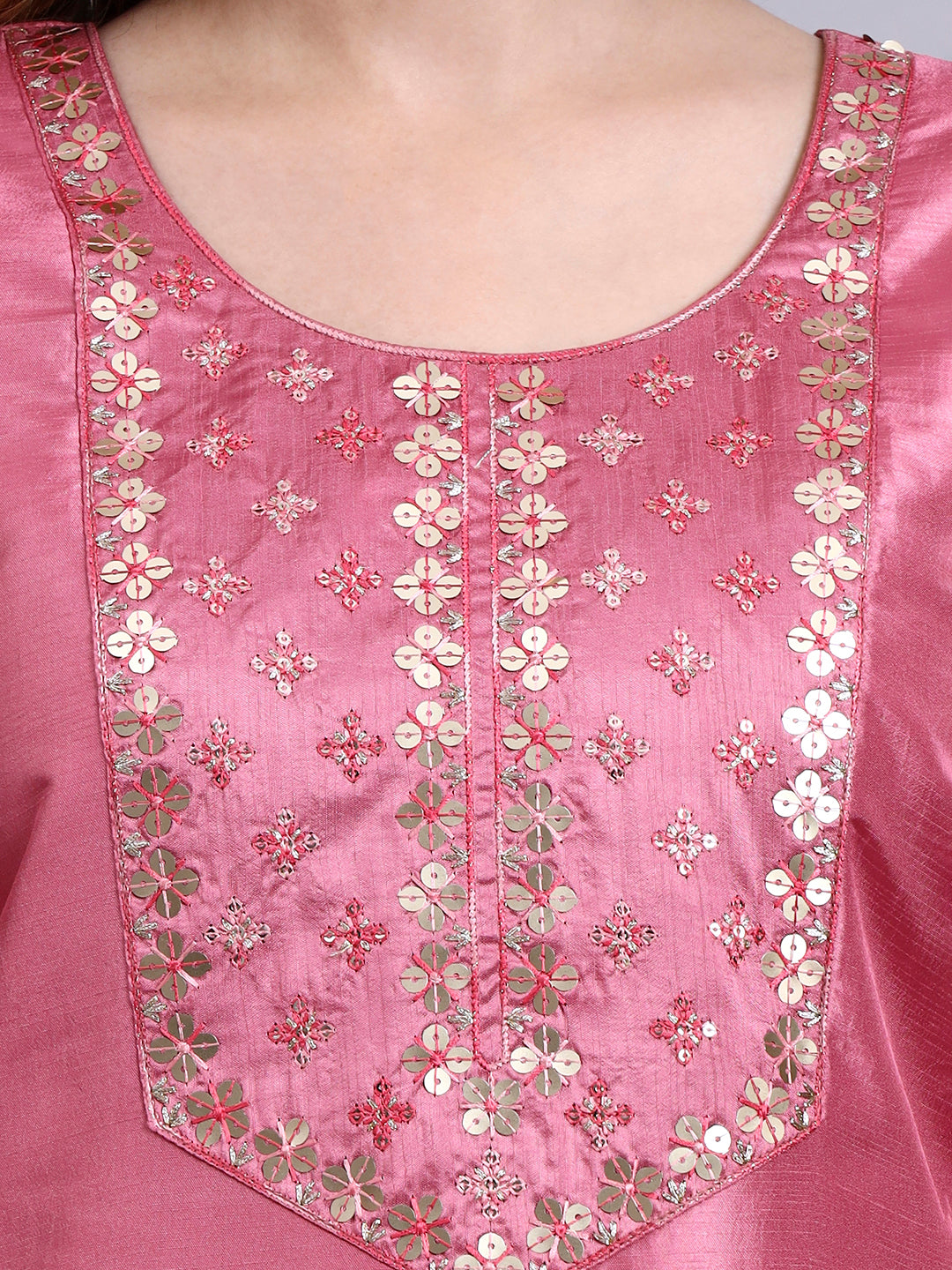 Pink Embroidered Silk Kurti Set with Organza Dupatta