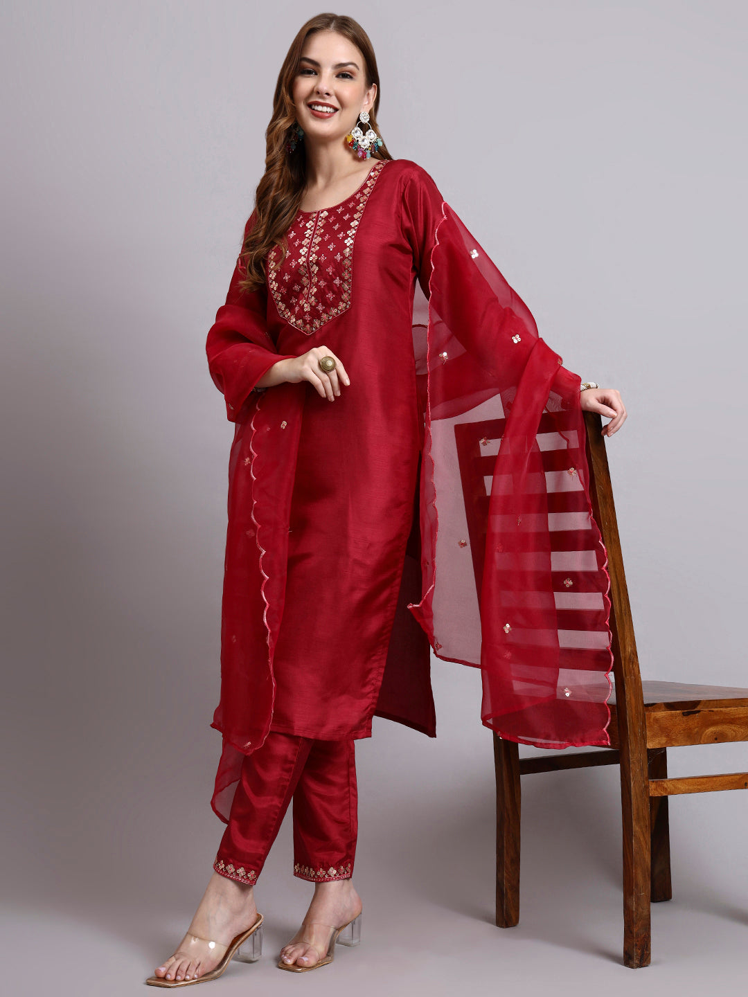 Embroidered Silk Kurti Set with Organza Dupatta