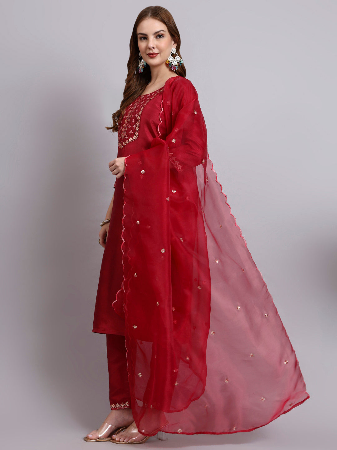 Maroon Embroidered Silk Kurti Set with Organza Dupatta