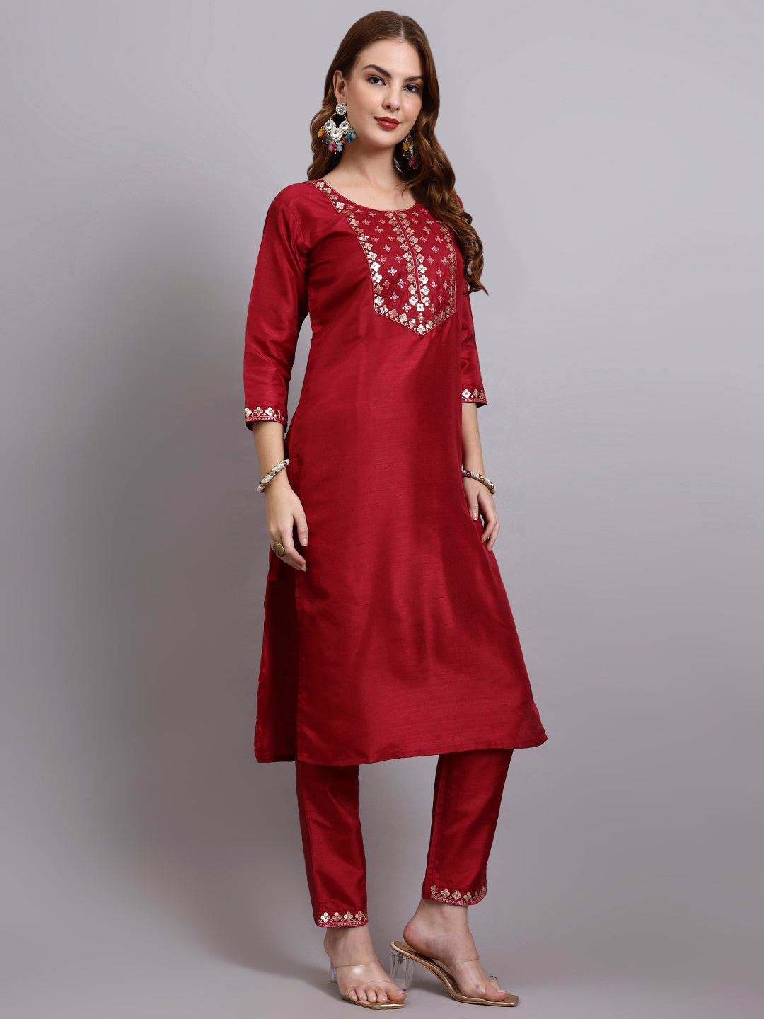 Maroon Embroidered Silk Kurti Set with Organza Dupatta