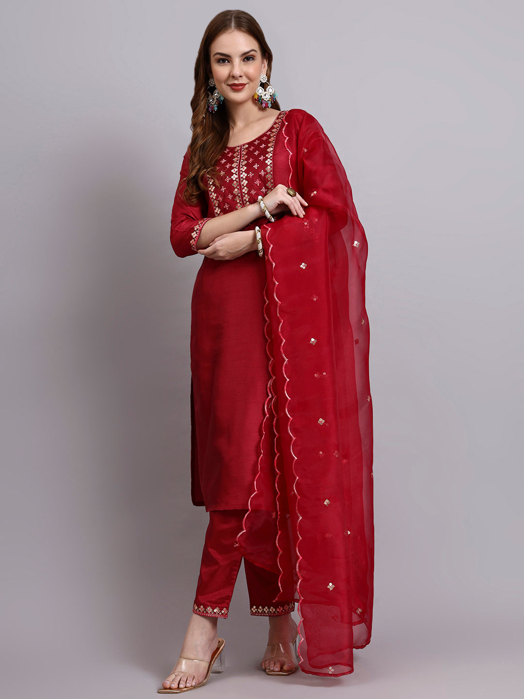 Maroon Embroidered Silk Kurti Set with Organza Dupatta